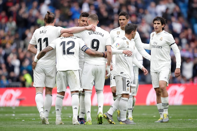 MADRID, SPAIN - APRIL 21: (L-R) Gareth Bale of Real Madrid, Marcelo of Real Madrid, Casemiro of Real Madrid, Karim Benzema of Real Madrid, Brahim Diaz of Real Madrid celebrate goal during the La Liga Santander  match between Real Madrid v Athletic de Bilbao at the Santiago Bernabeu on April 21, 2019 in Madrid Spain (Photo by David S. Bustamante/Soccrates/Getty Images)