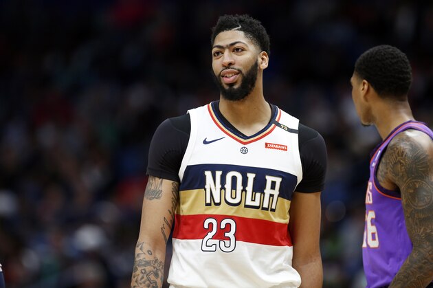 New Orleans Pelicans forward Anthony Davis (23) in the first half of an NBA basketball game in New Orleans, Saturday, March 16, 2019. (AP Photo/Tyler Kaufman)