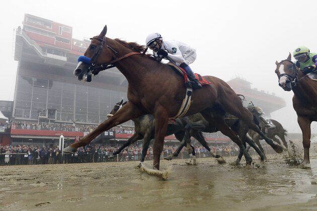 FILE - In this May 19, 2018, file photo, Justify, with Mike Smith aboard, wins the 143rd Preakness Stakes horse race at Pimlico race course in Baltimore. Justify, who won the first two legs, won the Belmont Stakes on Saturday, June 9, 2018, to complete horse racing's Triple Crown.  (AP Photo/Patrick Semansky, File)
