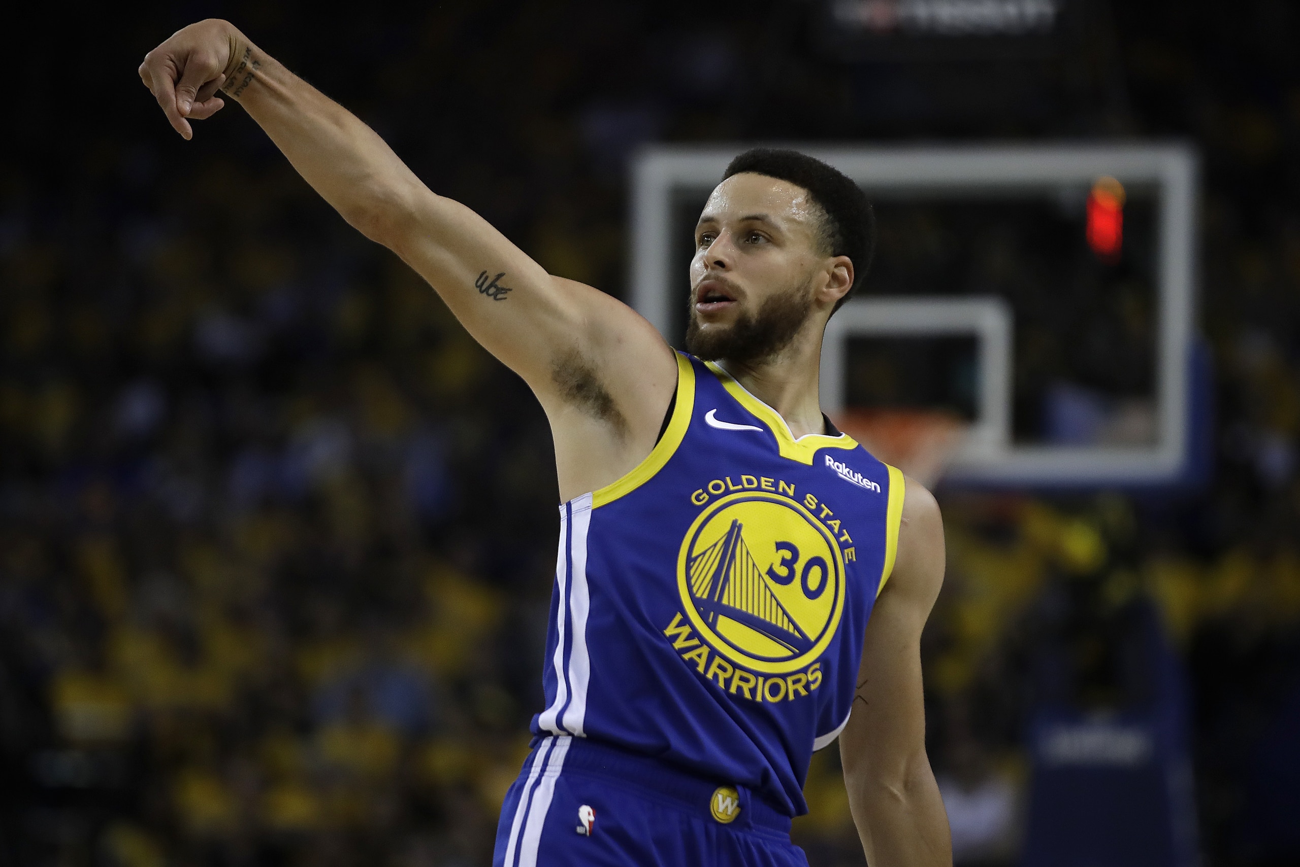 Golden State Warriors' Stephen Curry watches his shot against the Los Angeles Clippers in the first half in Game 5 of a first-round NBA basketball playoff series, Wednesday, April 24, 2019, in Oakland, Calif. (AP Photo/Ben Margot) Golden State Warriors' Stephen Curry watches his shot against the Los Angeles Clippers in the first half in Game 5 of a first-round NBA basketball playoff series, Wednesday, April 24, 2019, in Oakland, Calif. (AP Photo/Ben Margot)