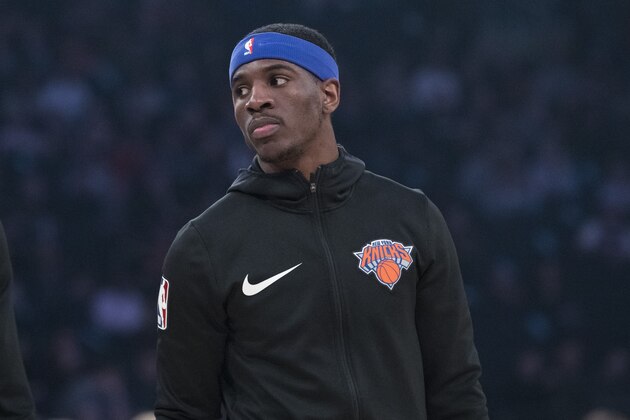 New York Knicks guard Damyean Dotson warms up before the start of an NBA basketball game against the Chicago Bulls, Monday, April 1, 2019, at Madison Square Garden in New York. (AP Photo/Mary Altaffer)