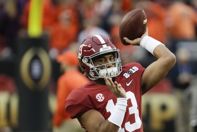 Alabama's Tua Tagovailoa warms up before the NCAA college football playoff championship game against Clemson Monday, Jan. 7, 2019, in Santa Clara, Calif. (AP Photo/Chris Carlson)