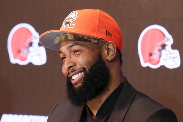 FILE - In this April 1, 2019, file photo, Cleveland Browns' Odell Beckham answers questions during an NFL football news conference in Berea, Ohio. The star wide receiver reported to the team’s headquarters Monday and is on the field Tuesday, May 14, 2019, for practice. (AP Photo/Ron Schwane, File)