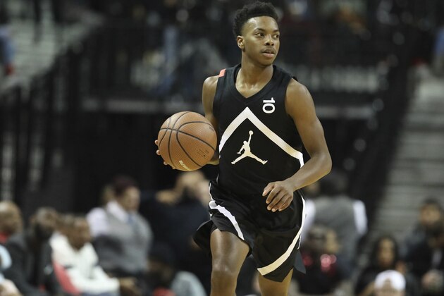 The Black Team's Darius Garland #10 in action against the White Team during the Jordan Brand Classic high school basketball game, Sunday, April 8, 2018, in Brooklyn. (AP Photo/Gregory Payan)