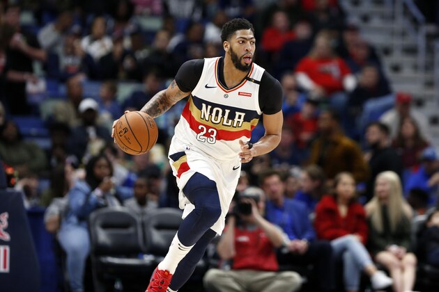 New Orleans Pelicans forward Anthony Davis (23) in the first half of an NBA basketball game in New Orleans, Saturday, March 16, 2019. (AP Photo/Tyler Kaufman)