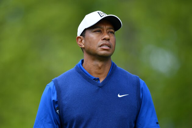 FARMINGDALE, NEW YORK - MAY 16: Tiger Woods of the United States reacts on the third hole during the first round of the 2019 PGA Championship at the Bethpage Black course on May 16, 2019 in Farmingdale, New York. (Photo by Stuart Franklin/Getty Images)