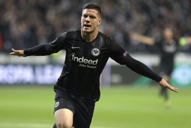 Frankfurt's Luka Jovic celebrates after scoring the opening goal during a Uefa Europa League, first leg semifinal soccer match between Eintracht Frankfurt and FC Chelsea in the Commerzbank Arena in Frankfurt, Germany, Thursday, May 2, 2019. (AP Photo/Michael Probst)