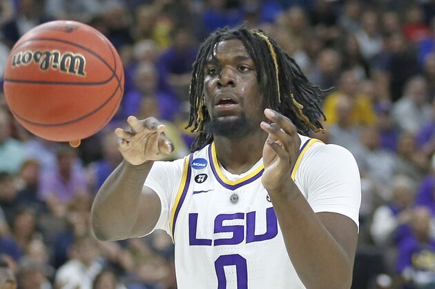 LSU's Naz Reid passes the ball during the second half of the second round of a men's college basketball game against Maryland in the NCAA Tournament in Jacksonville, Fla., Saturday, March 23, 2019. (AP Photo/Stephen B. Morton)