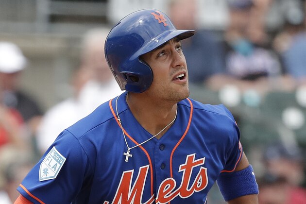 New York Mets' Michael Conforto (30) follows the flight of his home run in the first inning during an exhibition spring training baseball game against the Miami Marlins on Saturday, March 16, 2019, in Jupiter, Fla. (AP Photo/Brynn Anderson)