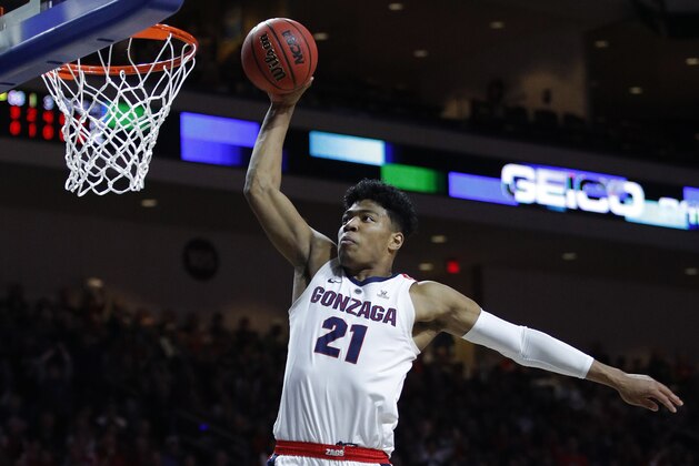 Gonzaga's Rui Hachimura dunks against St. Mary's during the first half of an NCAA college basketball game for the West Coast Conference men's tournament title, Tuesday, March 12, 2019, in Las Vegas. (AP Photo/John Locher)