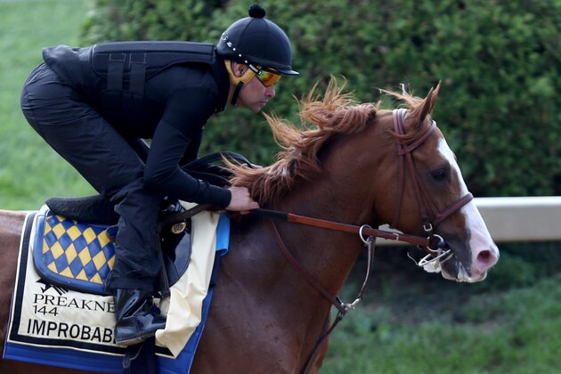 BALTIMORE, MARYLAND - MAY 16: Improbable trains on the track during a training session for the upcoming Preakness Stakes at Pimlico Race Course on May 16, 2019 in Baltimore, Maryland. (Photo by Rob Carr/Getty Images)