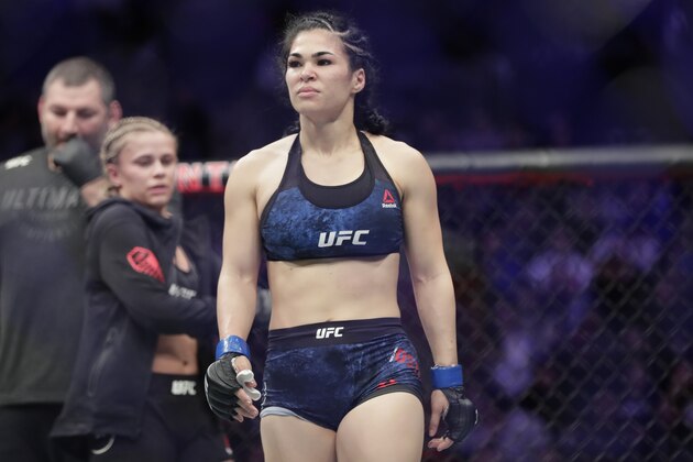 Rachael Ostovich reacts after losing a women's flyweight mixed martial arts bout against Paige Vanzant at UFC Fight Night Saturday, Jan. 19, 2019, in New York. Vanzant stopped Ostovich in the second round. (AP Photo/Frank Franklin II)