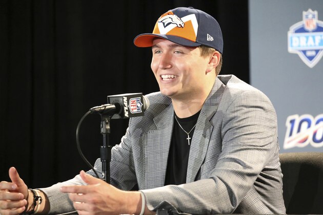 Missouri quarterback Drew Lock at a press conference after the Denver Broncos selected Lock during the second round of the NFL football draft, Friday, April 26, 2019, in Nashville, Tenn. (AP Photo/Vera Nieuwenhuis)