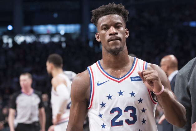 Philadelphia 76ers guard Jimmy Butler walks off the court after being ejected during the second half of Game 4 of a first-round NBA basketball playoff series against the Brooklyn Nets, Saturday, April 20, 2019, in New York. The 76ers won 112-108. (AP Photo/Mary Altaffer)