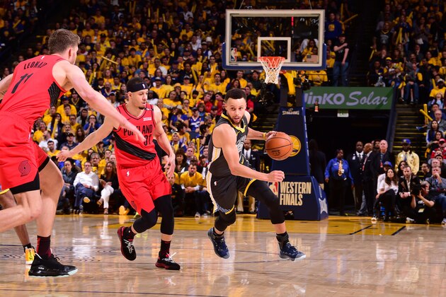 OAKLAND, CA - MAY 16:  Stephen Curry #30 of the Golden State Warriors handles the ball against the Portland Trail Blazers during Game Two of the 2019 Western Conference Finals of the NBA Playoffs at the ORACLE Arena on May 16, 2019 in Oakland, California. NOTE TO USER: User expressly acknowledges and agrees that, by downloading and or using this Photograph, user is consenting to the terms and conditions of the Getty Images License Agreement. Mandatory Copyright Notice: Copyright 2019 NBAE (Photo by Noah Graham/NBAE via Getty Images)