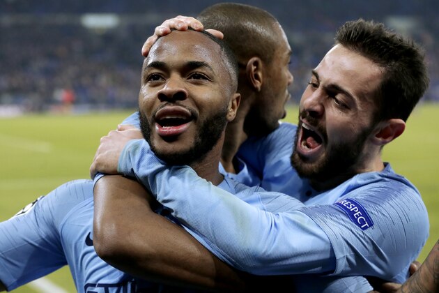 GELSENKIRCHEN, GERMANY - FEBRUARY 20: Raheem Sterling of Manchester City celebrates 2-3 with Fernandinho of Manchester City, Bernardo Silva of Manchester City  during the UEFA Champions League  match between Schalke 04 v Manchester City at the Veltins Arena on February 20, 2019 in Gelsenkirchen Germany (Photo by Eric Verhoeven/Soccrates/Getty Images)