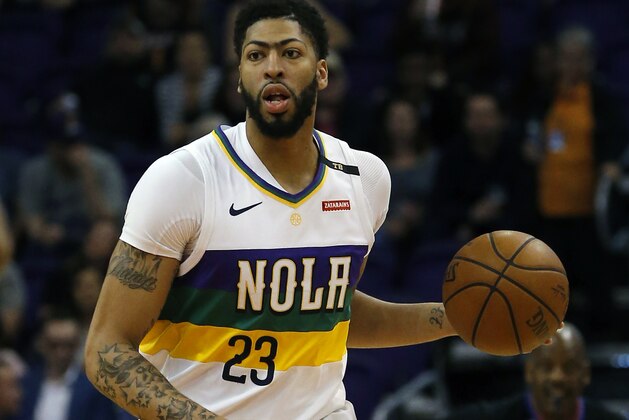 New Orleans Pelicans forward Anthony Davis (23) in the first half during an NBA basketball game against the Phoenix Suns, Friday, Mar. 1, 2019, in Phoenix. (AP Photo/Rick Scuteri)