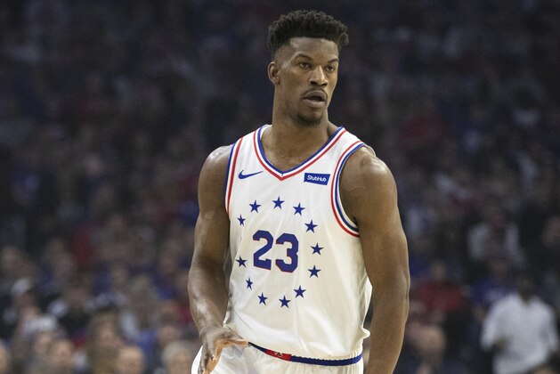 Philadelphia 76ers' Jimmy Butler in action during the first half of Game 4 of a second-round NBA basketball playoff series against the Toronto Raptors, Sunday, May 5, 2019, in Philadelphia. Raptors won 101-96. (AP Photo/Chris Szagola)