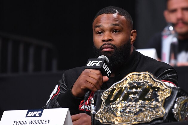 ATLANTA, GA - APRIL 12:  Tyron Woodley speaks with the media during the UFC Seasonal Press Conference inside State Farm Arena on April 12, 2019 in Atlanta, Georgia. (Photo by Josh Hedges/Zuffa LLC/Zuffa LLC via Getty Images)
