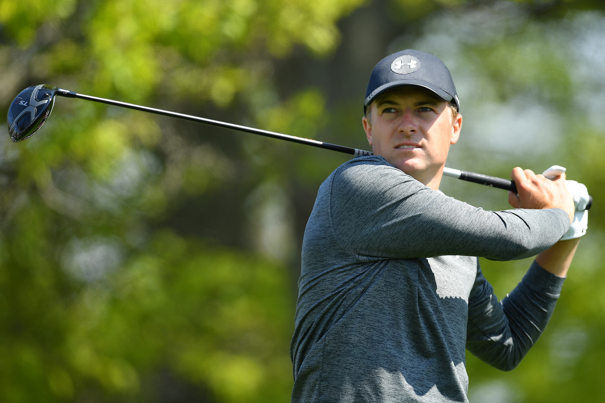 FARMINGDALE, NEW YORK - MAY 17: Jordan Spieth of the United States plays a shot from the 18th tee during the second round of the 2019 PGA Championship at the Bethpage Black course on May 17, 2019 in Farmingdale, New York. (Photo by Stuart Franklin/Getty Images)