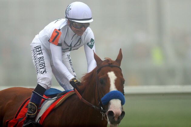 BALTIMORE, MD - MAY 19: Justify #7 ridden by jockey Mike Smith wins the 143rd running of the Preakness Stakes at Pimlico Race Course on May 19, 2018 in Baltimore, Maryland. (Photo by Patrick Smith/Getty Images)