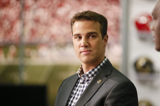 NFL Network's Daniel Jeremiah, left, and LaVar Arrington, right, are interviewed during a media availability on set at the NFL Network studios, Wednesday, Sept. 9, 2015, in Culver City, California. (AP Photo/Danny Moloshok)