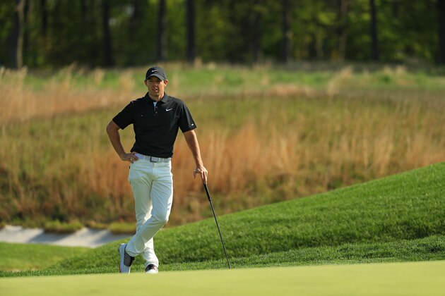 FARMINGDALE, NEW YORK - MAY 17: Rory McIlroy of Northern Ireland lines up a putt on the 11th green during the second round of the 2019 PGA Championship at the Bethpage Black course on May 17, 2019 in Farmingdale, New York. (Photo by Mike Ehrmann/Getty Images)