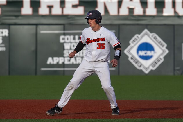 Oregon State's Adley Rutschman leads off second base during an NCAA baseball game against Washington State on Friday, April 26, 2019 in Corvallis, Ore. (AP Photo/Chris Pietsch)