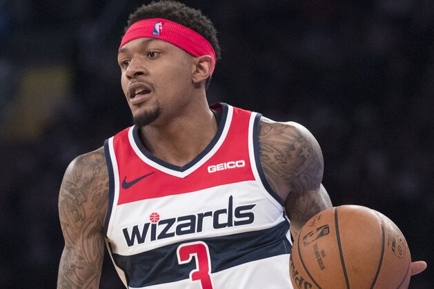 Washington Wizards guard Bradley Beal handles the ball during the first half of an NBA basketball game against the New York Knicks, Sunday, April 7, 2019, at Madison Square Garden in New York. (AP Photo/Mary Altaffer)