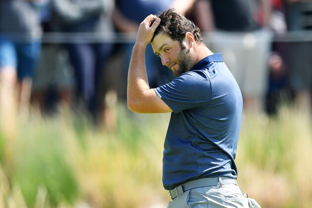 FARMINGDALE, NEW YORK - MAY 17: Jon Rahm of Spain reacts to his shot on the 17th hole during the second round of the 2019 PGA Championship at the Bethpage Black course on May 17, 2019 in Farmingdale, New York. (Photo by Stuart Franklin/Getty Images)