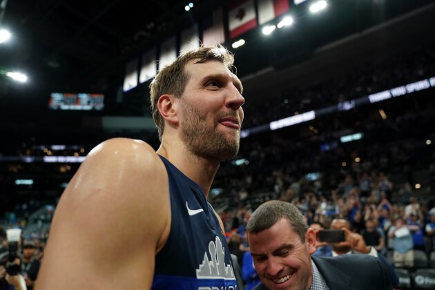 SAN ANTONIO, TX - APRIL 10: Dirk Nowitzki #41 of the Dallas Mavericks smiles after the game against the San Antonio Spurs on April 10, 2019 at the AT&T Center in San Antonio, Texas. NOTE TO USER: User expressly acknowledges and agrees that, by downloading and or using this photograph, user is consenting to the terms and conditions of the Getty Images License Agreement. Mandatory Copyright Notice: Copyright 2019 NBAE (Photos by Darren Carroll/NBAE via Getty Images)