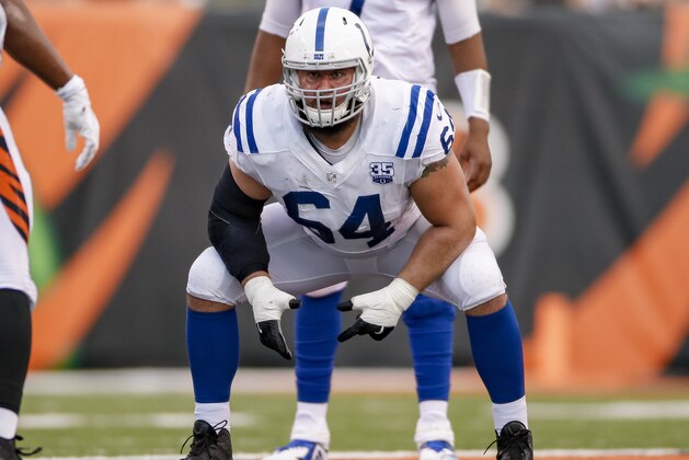 CINCINNATI, OH - AUGUST 30: Mark Glowinski #64 of the Indianapolis Colts is seen during the game against the Cincinnati Bengals at Paul Brown Stadium on August 30, 2018 in Cincinnati, Ohio. (Photo by Michael Hickey/Getty Images)