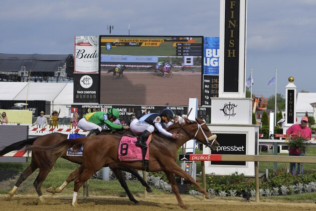 Point of Honor with Javier Castellano aboard wins the Black Eyed Susan horse race at Pimlico Race Course, Friday, May 17, 2019, in Baltimore. Ulele with Joel Rosario atop finishes second. (AP Photo/Mike Stewart)