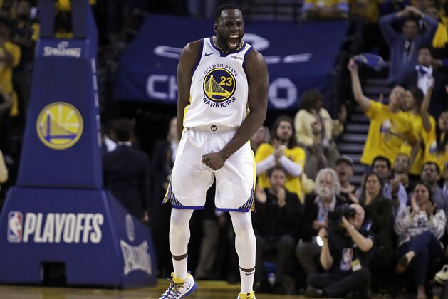 Golden State Warriors' Draymond Green celebrates a score against the Houston Rockets during the second half of Game 5 of a second-round NBA basketball playoff series Wednesday, May 8, 2019, in Oakland, Calif. (AP Photo/Ben Margot)