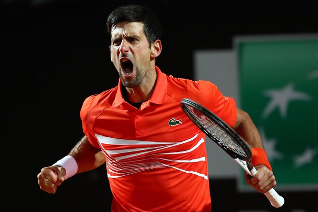ROME, ITALY - MAY 17: Novak Djokovic of Serbia celebrates against Juan Martin del Potro of Argentina in their Men's Single Quarter Final Match during Day Six of the International BNL d'Italia at Foro Italico on May 17, 2019 in Rome, Italy. (Photo by Clive Brunskill/Getty Images)