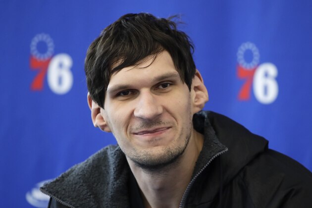 Philadelphia 76ers' Boban Marjanovic speaks with members of the media during a news conference at the NBA basketball team's practice facility in Camden, N.J., Monday, May 13, 2019. (AP Photo/Matt Rourke)