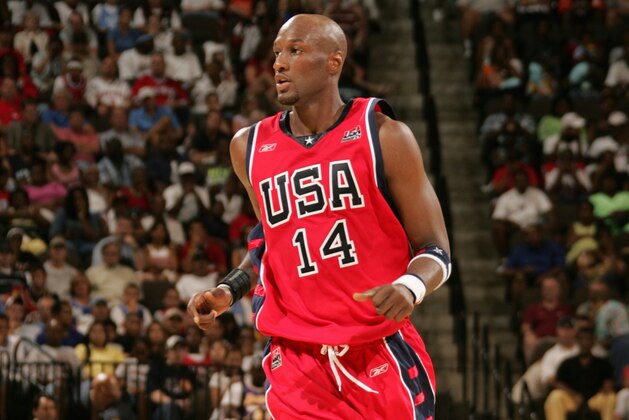 JACKSONVILLE, FL - JULY 31:  Lamar Odom #14 of the United States runs during the exhibition game against Puerto Rico at Jacksonville Veterans Memorial Arena on July 31, 2004 in Jacksonville, Florida.  The USA won 96-71.  NOTE TO USER: User expressly acknowledges and agrees that, by downloading and/or using this Photograph, user is consenting to the terms and conditions of the Getty Images License Agreement.  Mandatory Copyright Notice: Copyright 2004 NBAE (Photo by Nathaniel S. Butler/NBAE via Getty Images)