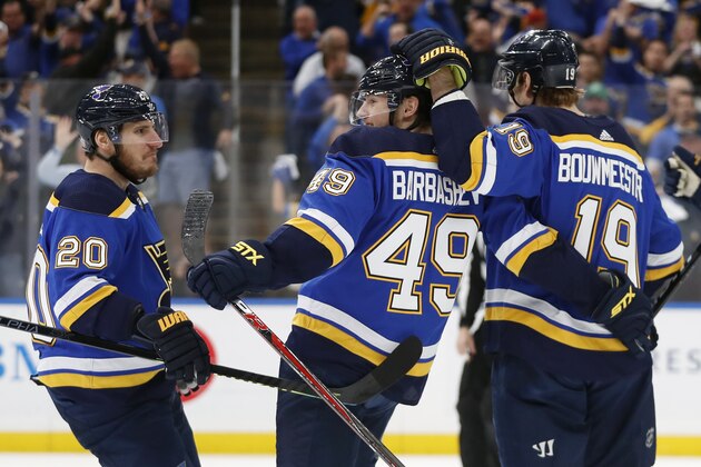 St. Louis Blues center Ivan Barbashev (49), of Russia, celebrates with Alexander Steen (20) and Jay Bouwmeester (19) after Barbashev scored a goal against the San Jose Sharks during the first period in Game 4 of the NHL hockey Stanley Cup Western Conference final series Friday, May 17, 2019, in St. Louis. (AP Photo/Jeff Roberson)