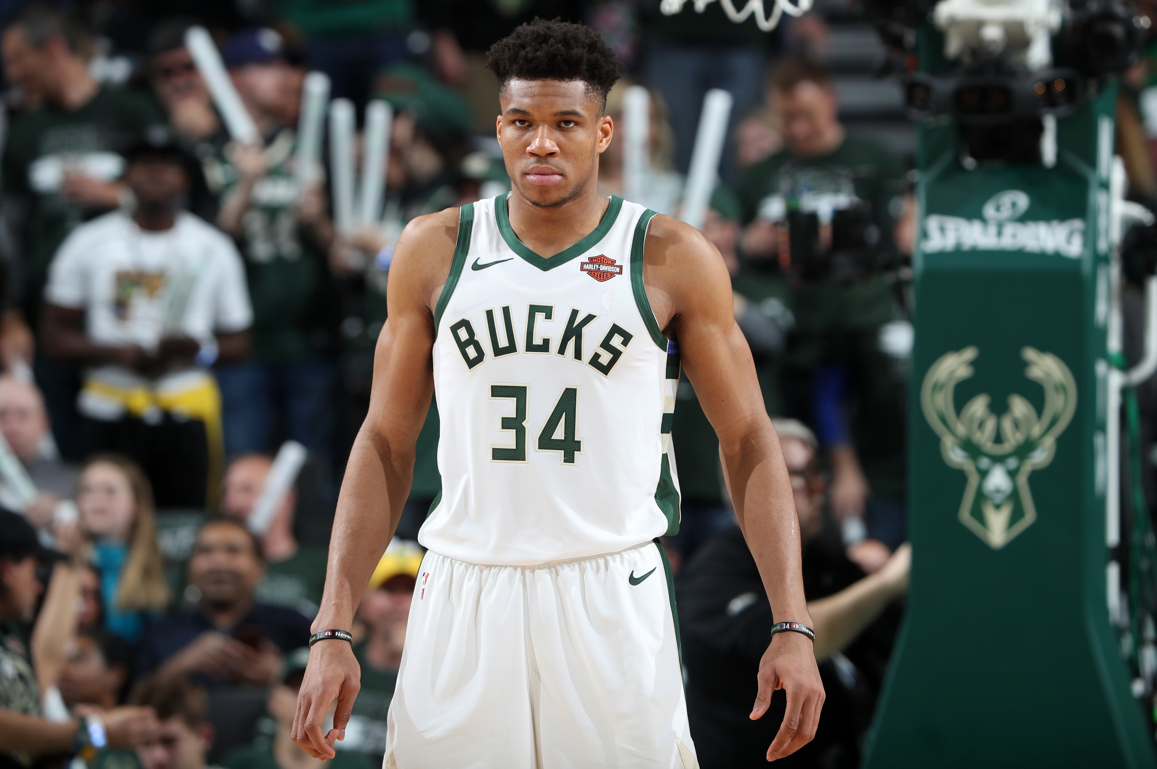 MILWAUKEE, WI - MAY 17: Giannis Antetokounmpo #34 of the Milwaukee Bucks looks on against the Toronto Raptors during Game Two of the Eastern Conference Finals on May 17, 2019 at the Fiserv Forum in Milwaukee, Wisconsin. NOTE TO USER: User expressly acknowledges and agrees that, by downloading and/or using this photograph, user is consenting to the terms and conditions of the Getty Images License Agreement. Mandatory Copyright Notice: Copyright 2019 NBAE (Photo by Nathaniel S. Butler/NBAE via Getty Images) MILWAUKEE, WI - MAY 17: Giannis Antetokounmpo #34 of the Milwaukee Bucks looks on against the Toronto Raptors during Game Two of the Eastern Conference Finals on May 17, 2019 at the Fiserv Forum in Milwaukee, Wisconsin. NOTE TO USER: User expressly acknowledges and agrees that, by downloading and/or using this photograph, user is consenting to the terms and conditions of the Getty Images License Agreement. Mandatory Copyright Notice: Copyright 2019 NBAE (Photo by Nathaniel S. Butler/NBAE via Getty Images)