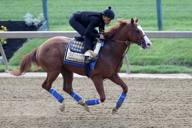 BALTIMORE, MARYLAND - MAY 16: Improbable trains on the track during a training session for the upcoming Preakness Stakes at Pimlico Race Course on May 16, 2019 in Baltimore, Maryland. (Photo by Rob Carr/Getty Images)