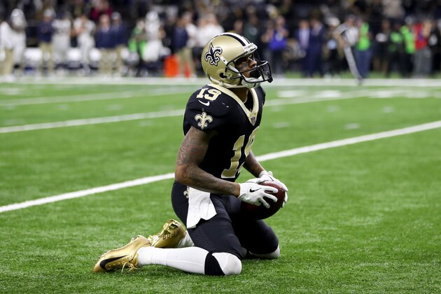 NEW ORLEANS, LOUISIANA - JANUARY 20: Ted Ginn #19 of the New Orleans Saints reacts after making a 43-yard catch against Lamarcus Joyner #20 of the Los Angeles Rams in the fourth quarter  in the NFC Championship game at the Mercedes-Benz Superdome on January 20, 2019 in New Orleans, Louisiana. (Photo by Chris Graythen/Getty Images)