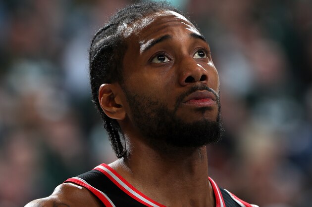 MILWAUKEE, WI - MAY 17: Kawhi Leonard #2 of the Toronto Raptors looks on against the Milwaukee Bucks during Game Two of the Eastern Conference Finals on May 17, 2019 at the Fiserv Forum in Milwaukee, Wisconsin. NOTE TO USER: User expressly acknowledges and agrees that, by downloading and/or using this photograph, user is consenting to the terms and conditions of the Getty Images License Agreement. Mandatory Copyright Notice: Copyright 2019 NBAE (Photo by Nathaniel S. Butler/NBAE via Getty Images)