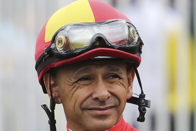 Jockey Mike Smith is seen before his ride aboard McKinzie at Churchill Downs Friday, May 3, 2019, in Louisville, Ky. (AP Photo/Gregory Payan)