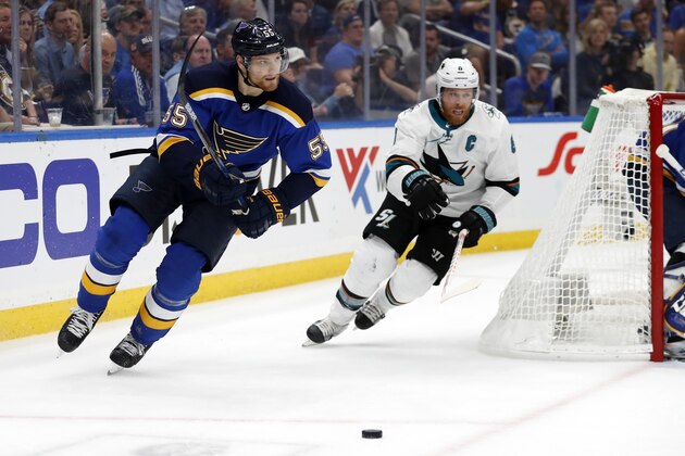 St. Louis Blues defenseman Colton Parayko (55) and San Jose Sharks center Joe Pavelski (8) chase the puck during the second period in Game 4 of the NHL hockey Stanley Cup Western Conference final series Friday, May 17, 2019, in St. Louis. (AP Photo/Jeff Roberson)