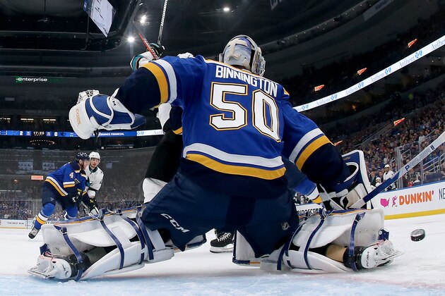 ST LOUIS, MISSOURI - MAY 17: Jordan Binnington #50 of the St. Louis Blues tends goal against the San Jose Sharks in Game Four of the Western Conference Finals during the 2019 NHL Stanley Cup Playoffs at Enterprise Center on May 17, 2019 in St Louis, Missouri. (Photo by Elsa/Getty Images)