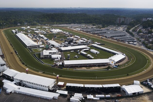 This is an aerial view of the Pimlico race track as track crews prepare the race course for Saturday's Preakness horse race in Baltimore, Md., Friday, May 17, 2019. (AP Photo/Steve Helber)