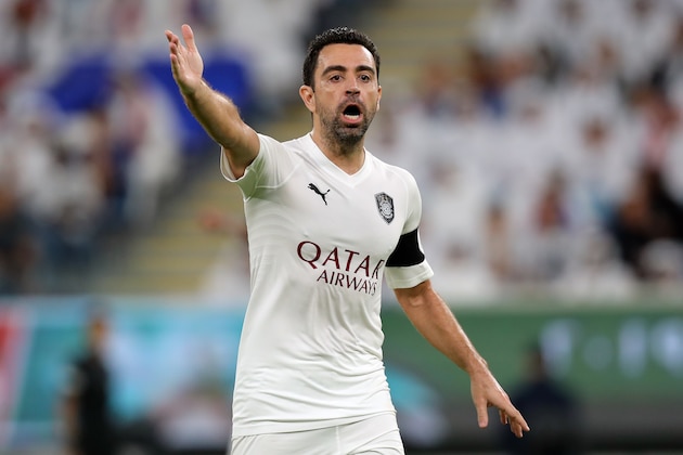 Sadd's midfielder Xavi reacts during the Amir Cup final football match between Al Sadd and Al Duhail at the Al Wakrah Stadium (Al-Janoub Stadium) in the Qatari city of Al Wakrah on May 16, 2019. - The 40,000-seater stadium was designed by the late Zaha Hadid and took it's inspiration from the sails of traditional dhow boats. (Photo by Karim JAAFAR / AFP)        (Photo credit should read KARIM JAAFAR/AFP/Getty Images)