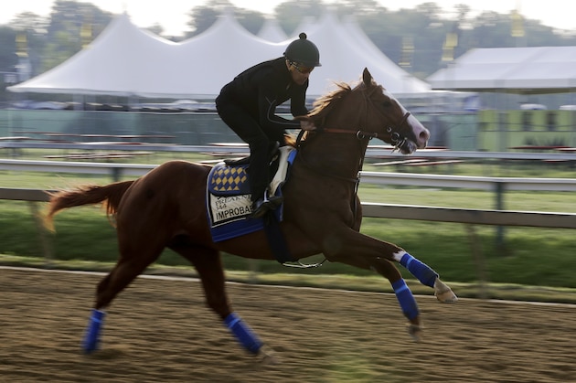 Improbable runs during training for Saturday's Preakness horse race at Pimlico race track in Baltimore, Friday, May 17, 2019. (AP Photo/Steve Helber)
