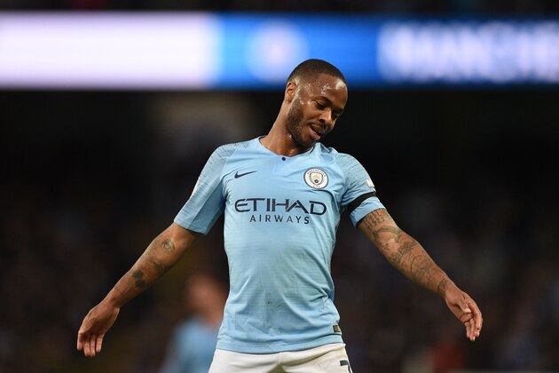 Manchester City's English midfielder Raheem Sterling reacts during the English Premier League football match between Manchester City and Leicester City at the Etihad Stadium in Manchester, north west England, on May 6, 2019. (Photo by Oli SCARFF / AFP) / RESTRICTED TO EDITORIAL USE. No use with unauthorized audio, video, data, fixture lists, club/league logos or 'live' services. Online in-match use limited to 120 images. An additional 40 images may be used in extra time. No video emulation. Social media in-match use limited to 120 images. An additional 40 images may be used in extra time. No use in betting publications, games or single club/league/player publications. /         (Photo credit should read OLI SCARFF/AFP/Getty Images)
