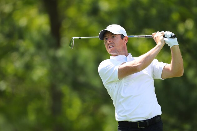 FARMINGDALE, NEW YORK - MAY 18: Rory McIlroy of Northern Ireland  plays a shot from the eighth tee during the second round of the 2019 PGA Championship at the Bethpage Black course on May 18, 2019 in Farmingdale, New York. (Photo by Warren Little/Getty Images)